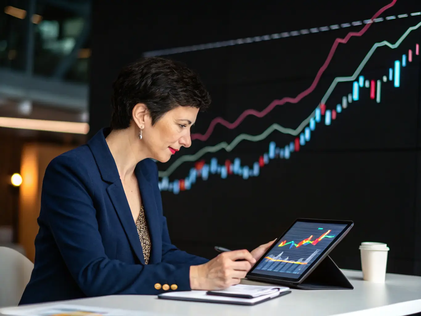 A person using a tablet with a graph displayed on the screen, indicating data analysis and market trends. The setting is a well-lit, modern workspace.