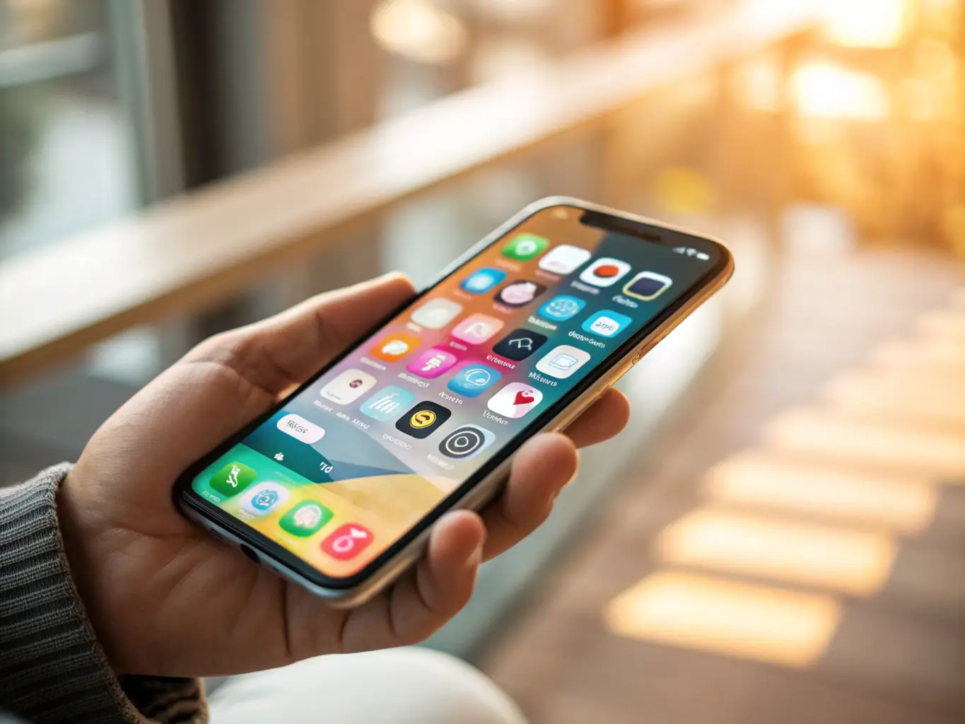 A close-up shot of a smartphone displaying a news article with the headline 'Exclusive Tech Insights'. The background is blurred, suggesting a busy, modern office environment.